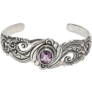 Sterling Silver Scroll Cuff Bracelet with Purple Gem